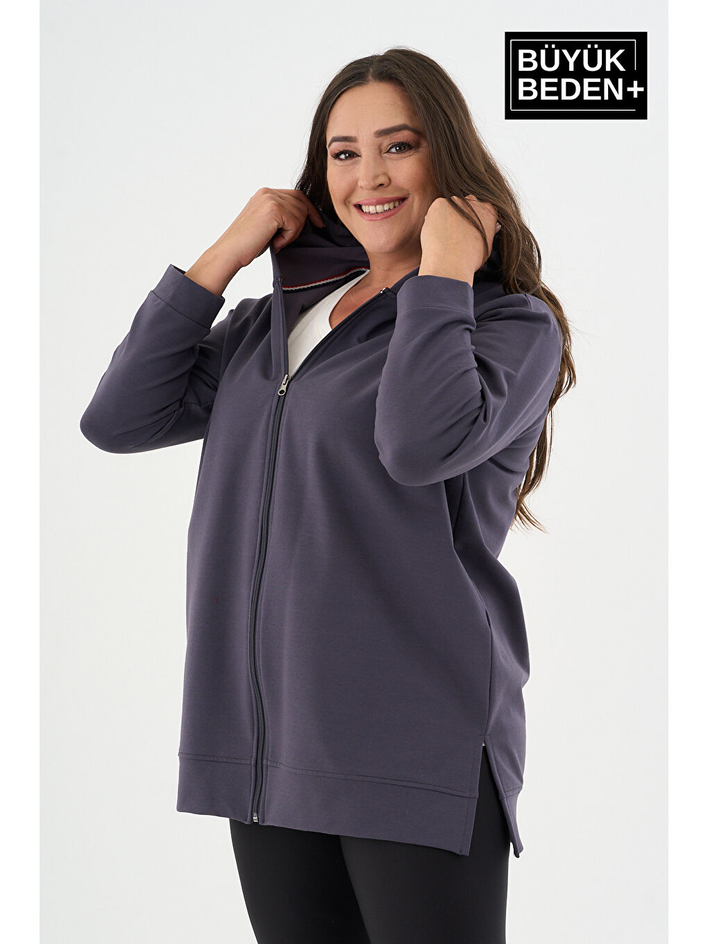 Gri Kadın Tunik Büyük Beden Fermuarlı Kapüşonlu Sweat Hırka SPR26BTK955-3