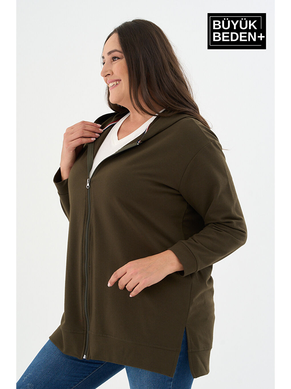 Haki Kadın Tunik Büyük Beden Fermuarlı Kapüşonlu Sweat Hırka SPR26BTK955-2