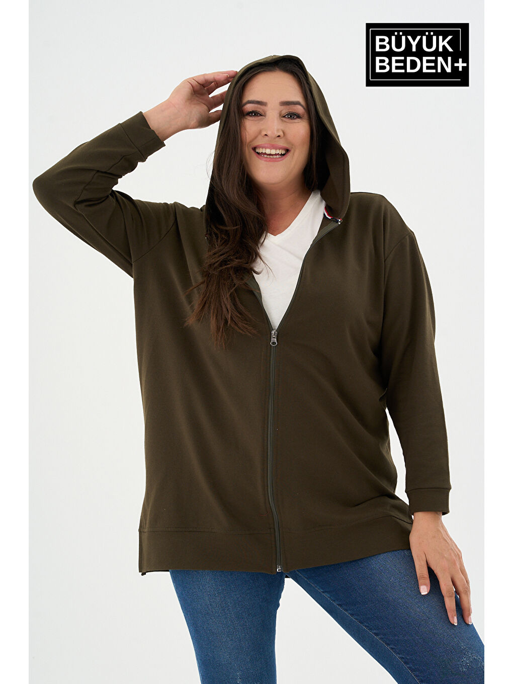 Haki Kadın Tunik Büyük Beden Fermuarlı Kapüşonlu Sweat Hırka SPR26BTK955