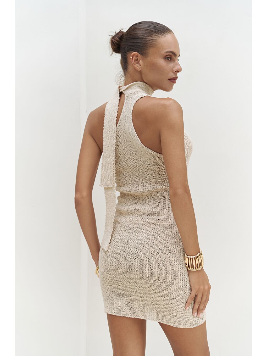 Budah Asimetrik Triko Bej Mini Elbise-6