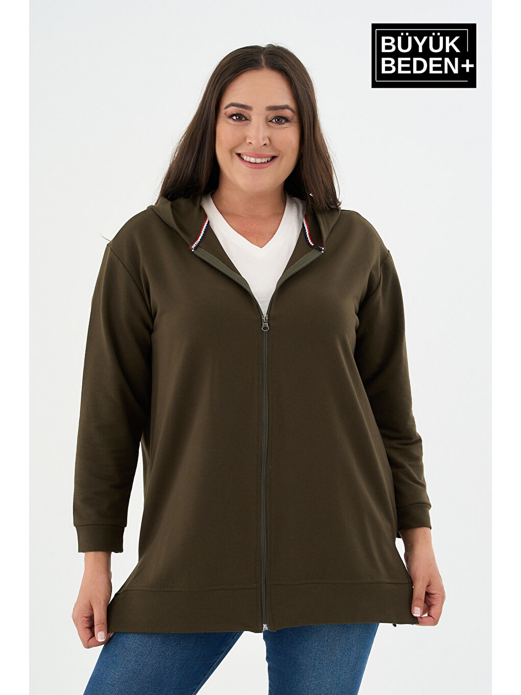 Haki Kadın Tunik Büyük Beden Fermuarlı Kapüşonlu Sweat Hırka SPR26BTK955-3