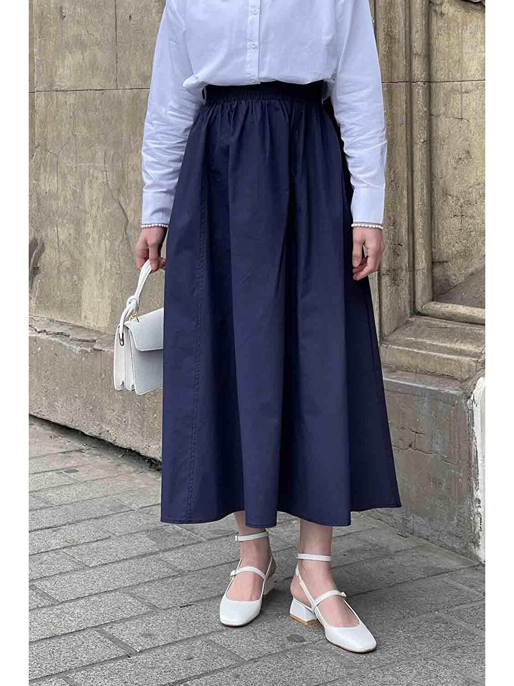 Cep Detaylı Kloş Keten Etek Lacivert