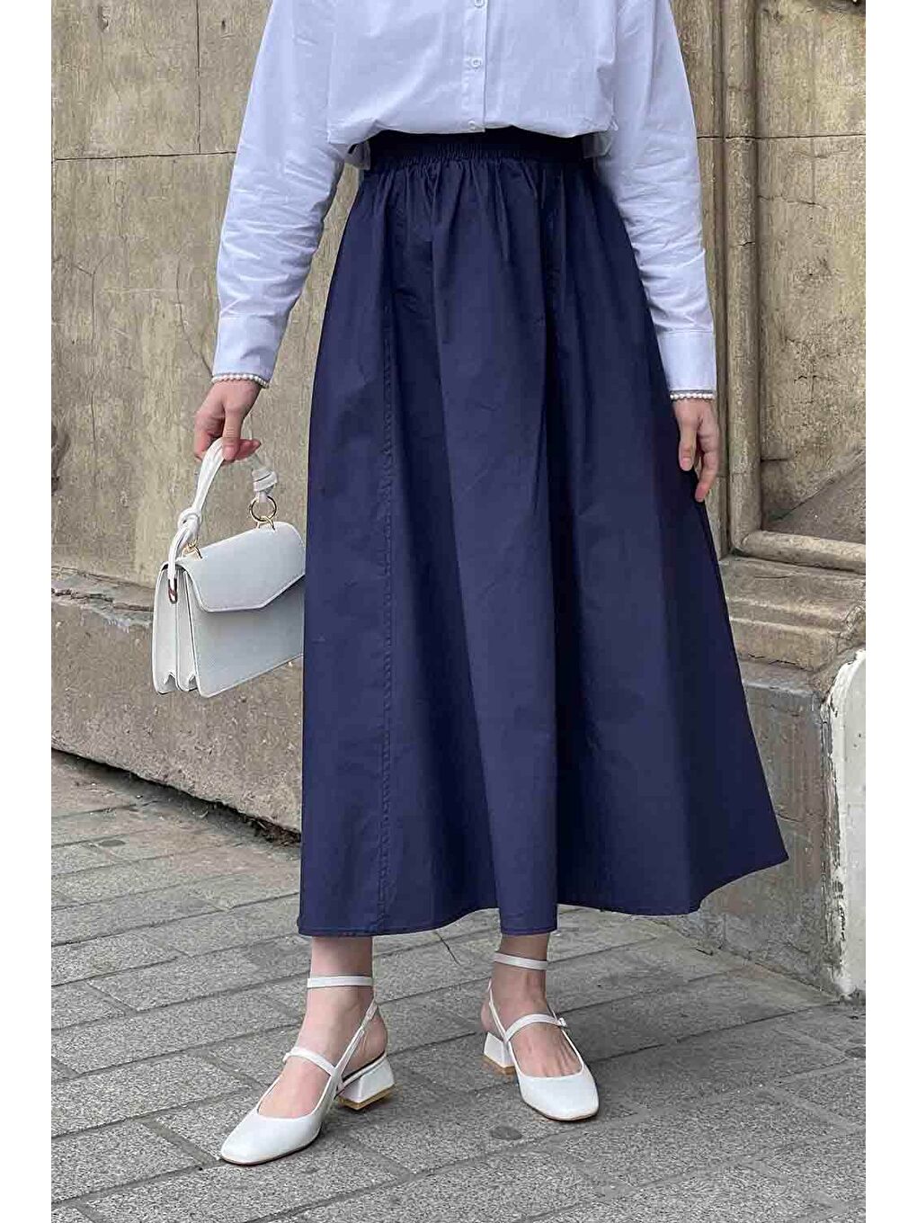 Cep Detaylı Kloş Keten Etek Lacivert-1