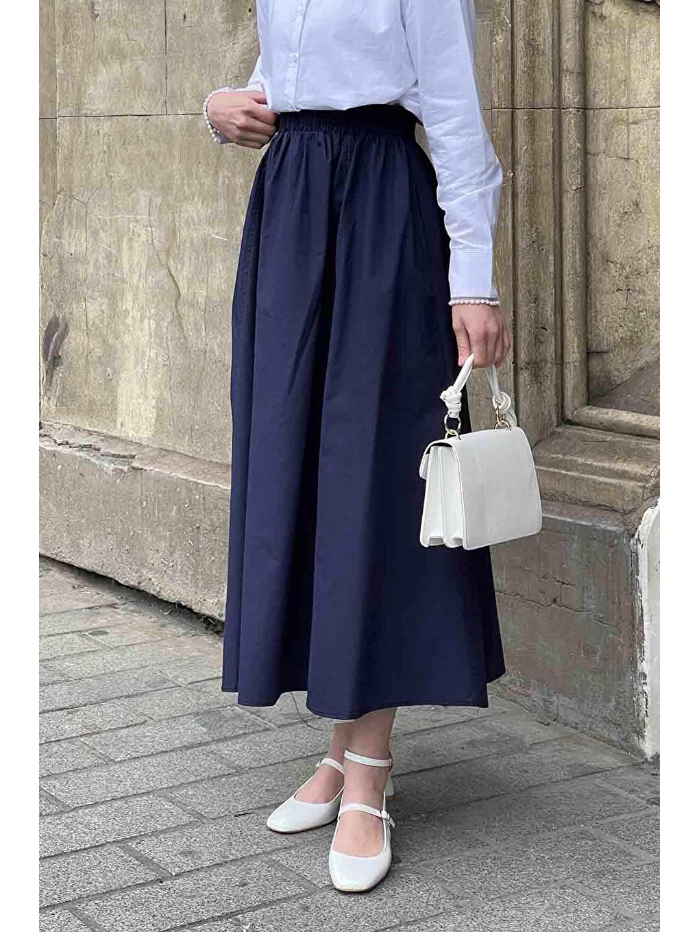 Cep Detaylı Kloş Keten Etek Lacivert-2