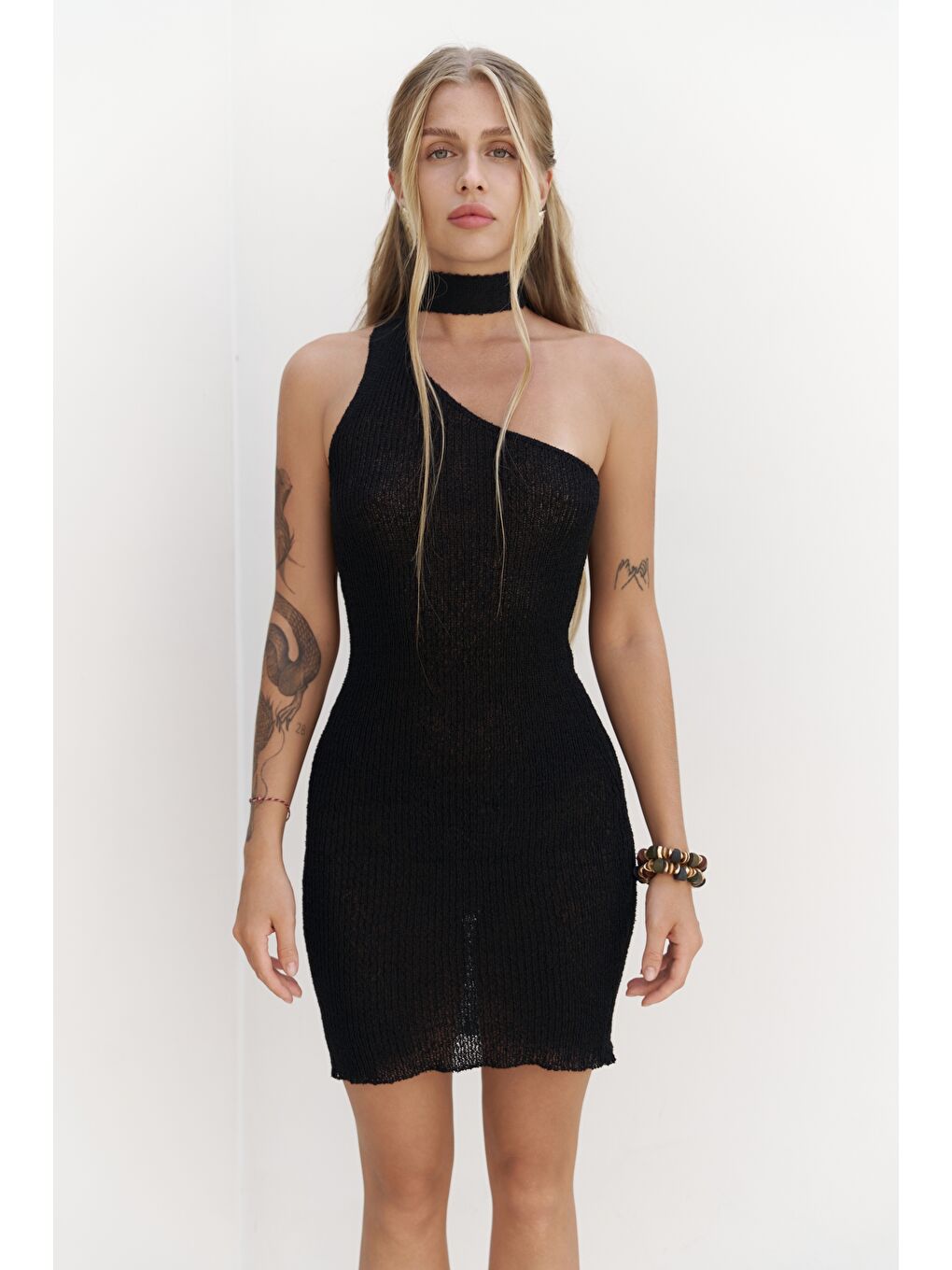 Budah Asimetrik Triko Siyah Mini Elbise-1