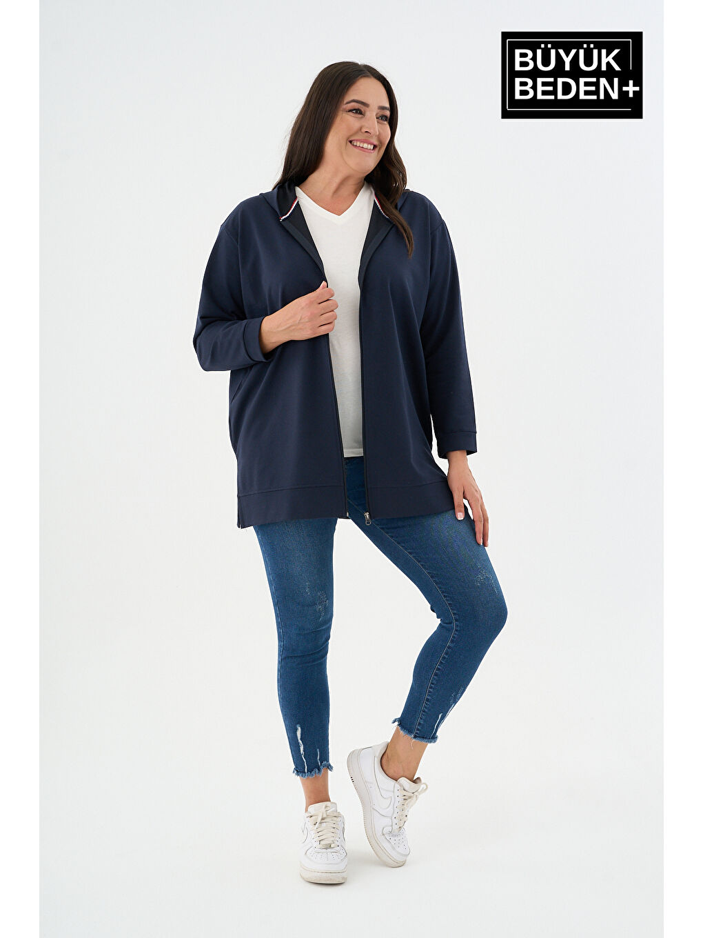 Lacivert Kadın Tunik Büyük Beden Fermuarlı Kapüşonlu Sweat Hırka SPR26BTK955-1