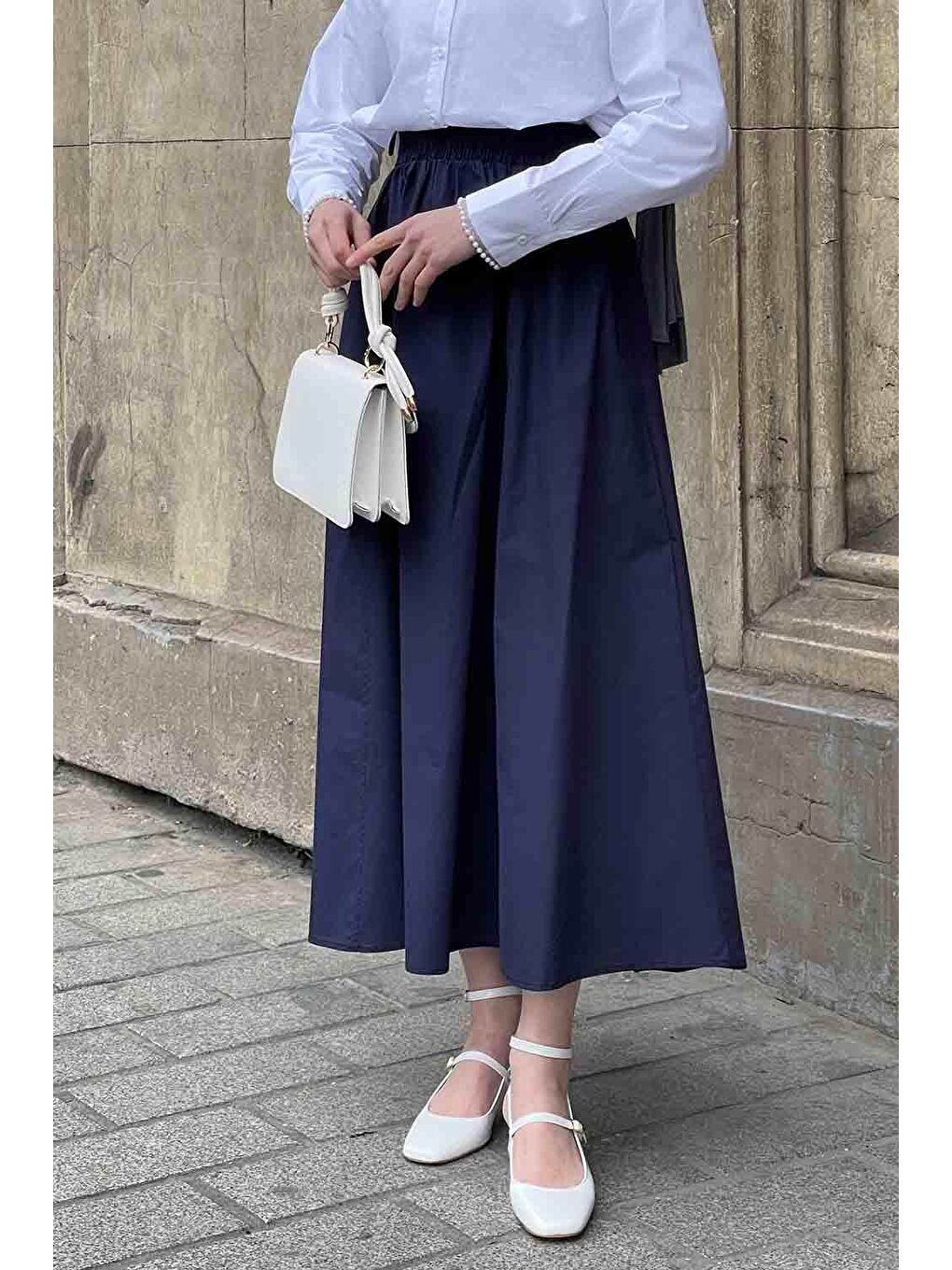 Cep Detaylı Kloş Keten Etek Lacivert-3