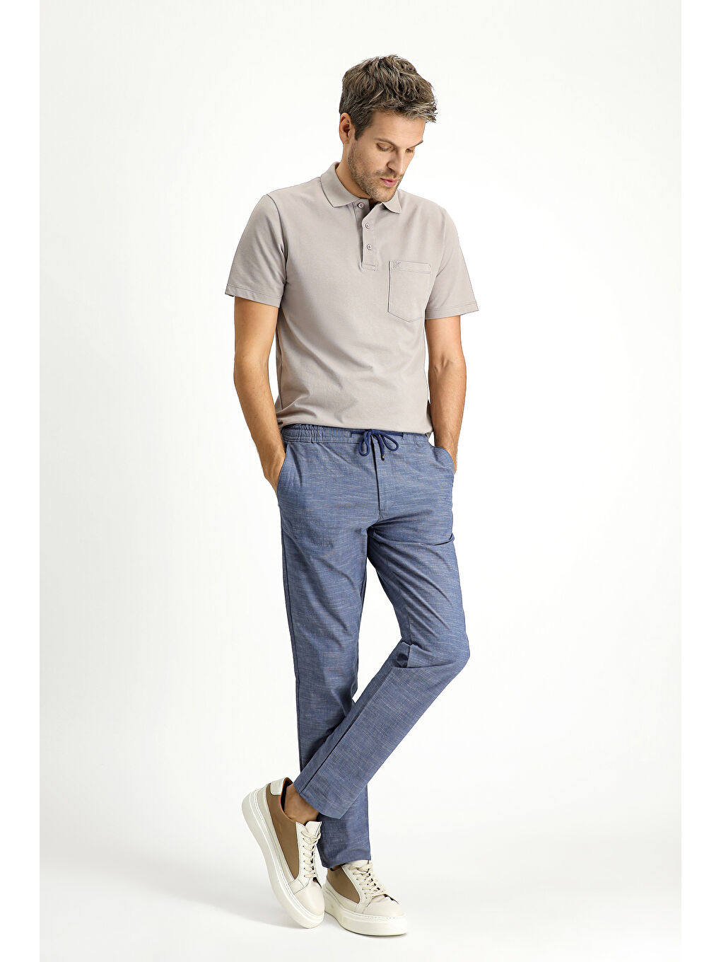 Mavi Slim Fit Dar Kesim Beli Lastikli İpli Desenli Elastanlı Pantolon