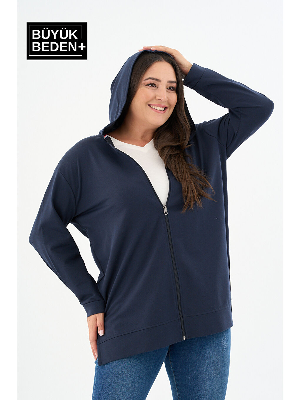 Lacivert Kadın Tunik Büyük Beden Fermuarlı Kapüşonlu Sweat Hırka SPR26BTK955