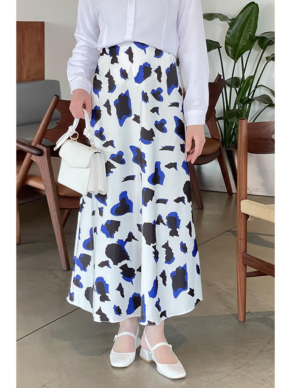 Saten Pamuklu Leopar Etek Mavi Ekru-1