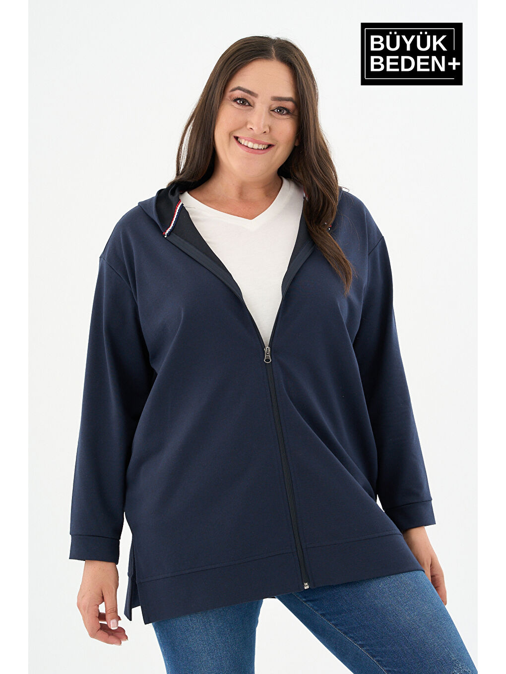 Lacivert Kadın Tunik Büyük Beden Fermuarlı Kapüşonlu Sweat Hırka SPR26BTK955-2