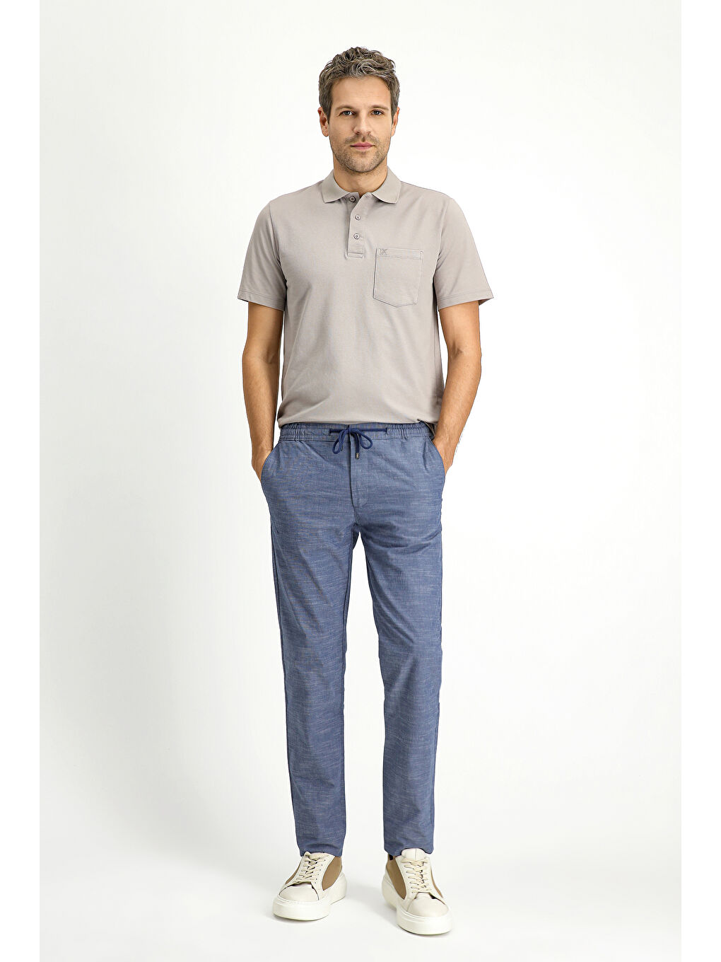 Mavi Slim Fit Dar Kesim Beli Lastikli İpli Desenli Elastanlı Pantolon-1