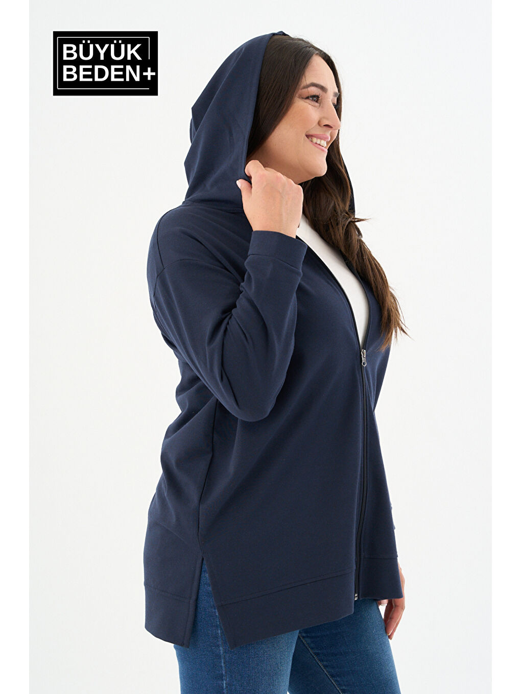 Lacivert Kadın Tunik Büyük Beden Fermuarlı Kapüşonlu Sweat Hırka SPR26BTK955-3