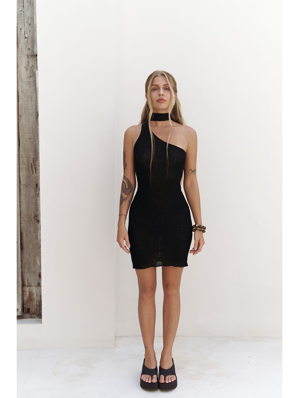 Budah Asimetrik Triko Siyah Mini Elbise-5