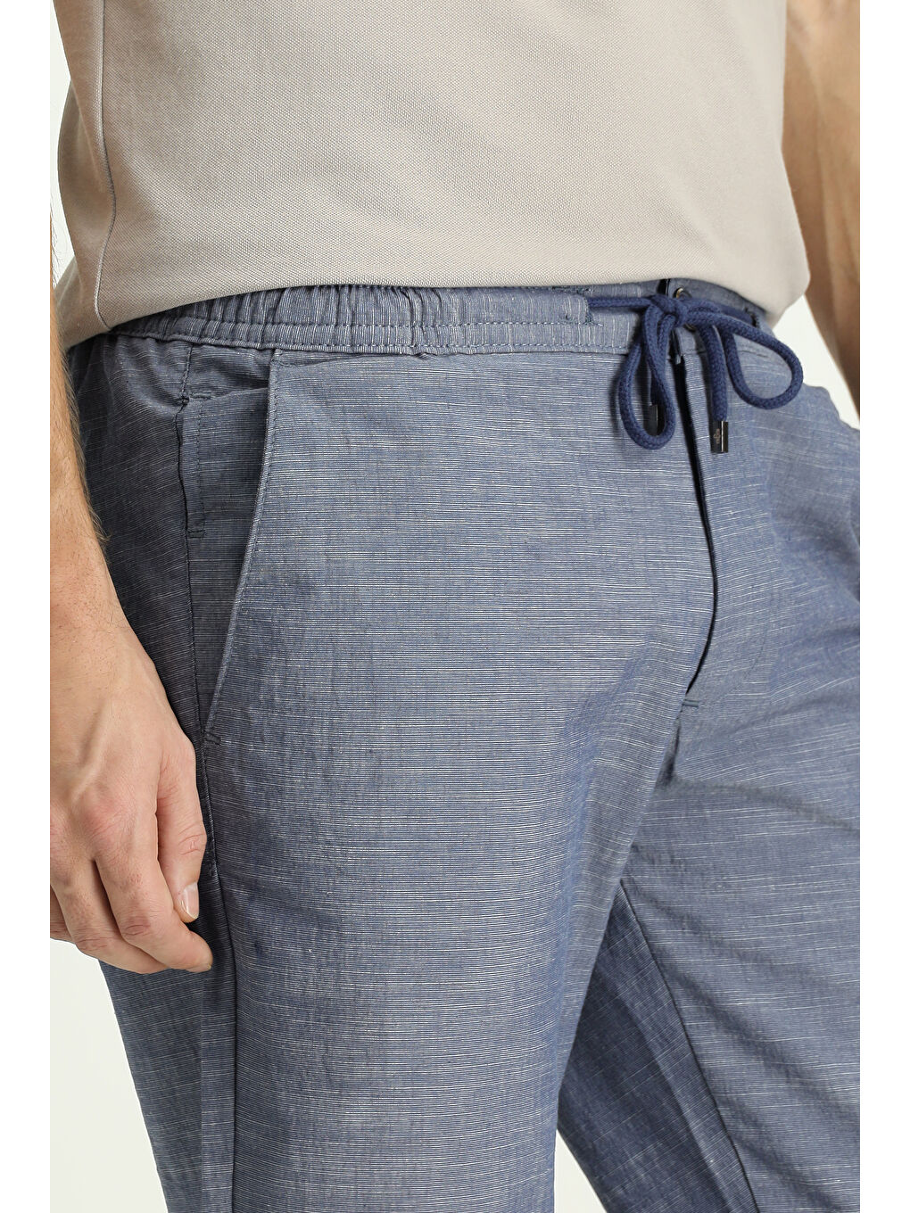 Mavi Slim Fit Dar Kesim Beli Lastikli İpli Desenli Elastanlı Pantolon-2