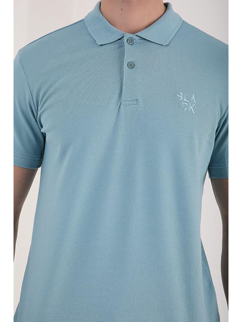 Buz Mavi Klasik Black Yazı Nakışlı Standart Kalıp Polo Yaka Erkek Tişört - 87760-3