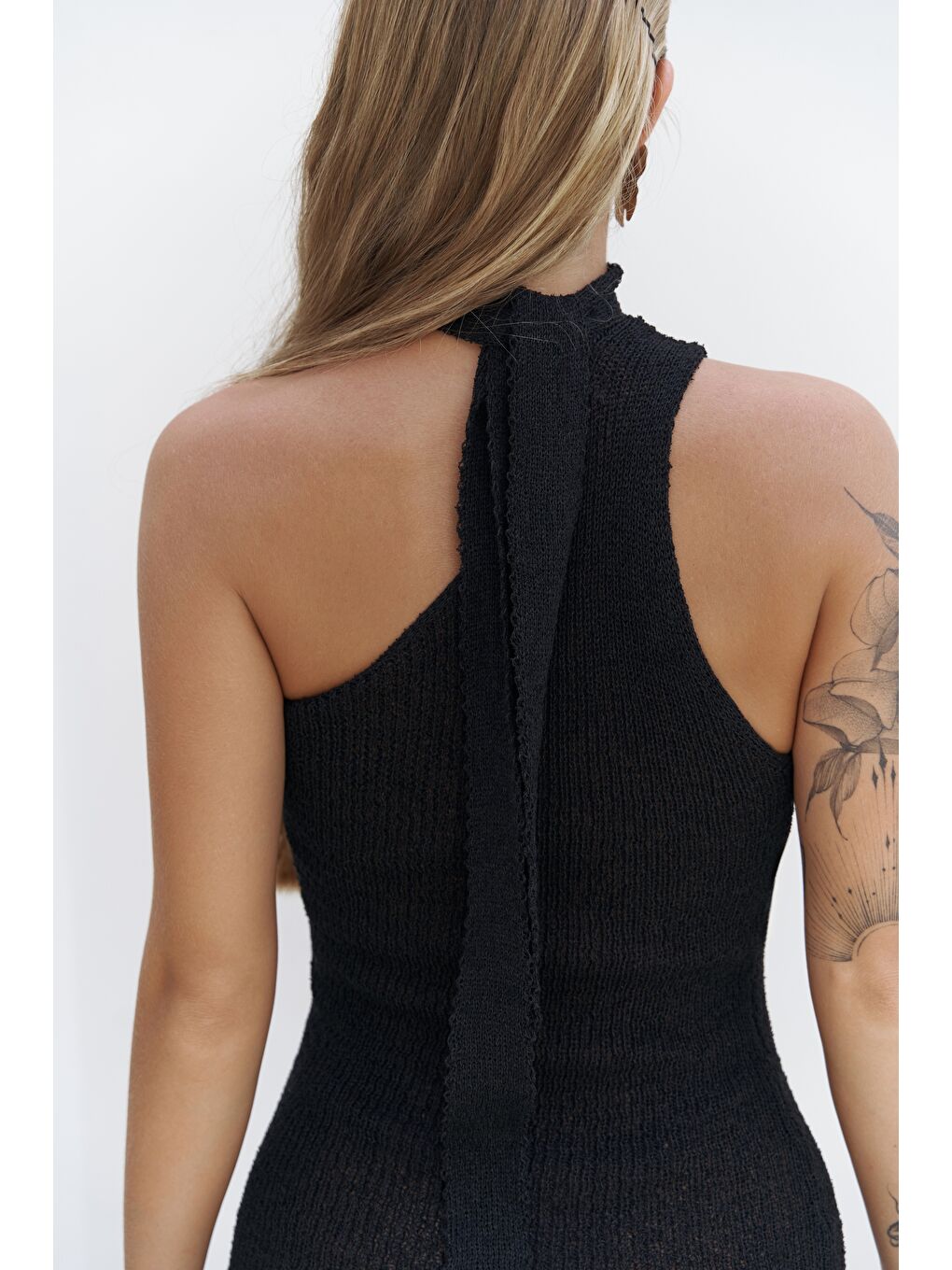 Budah Asimetrik Triko Siyah Mini Elbise-6