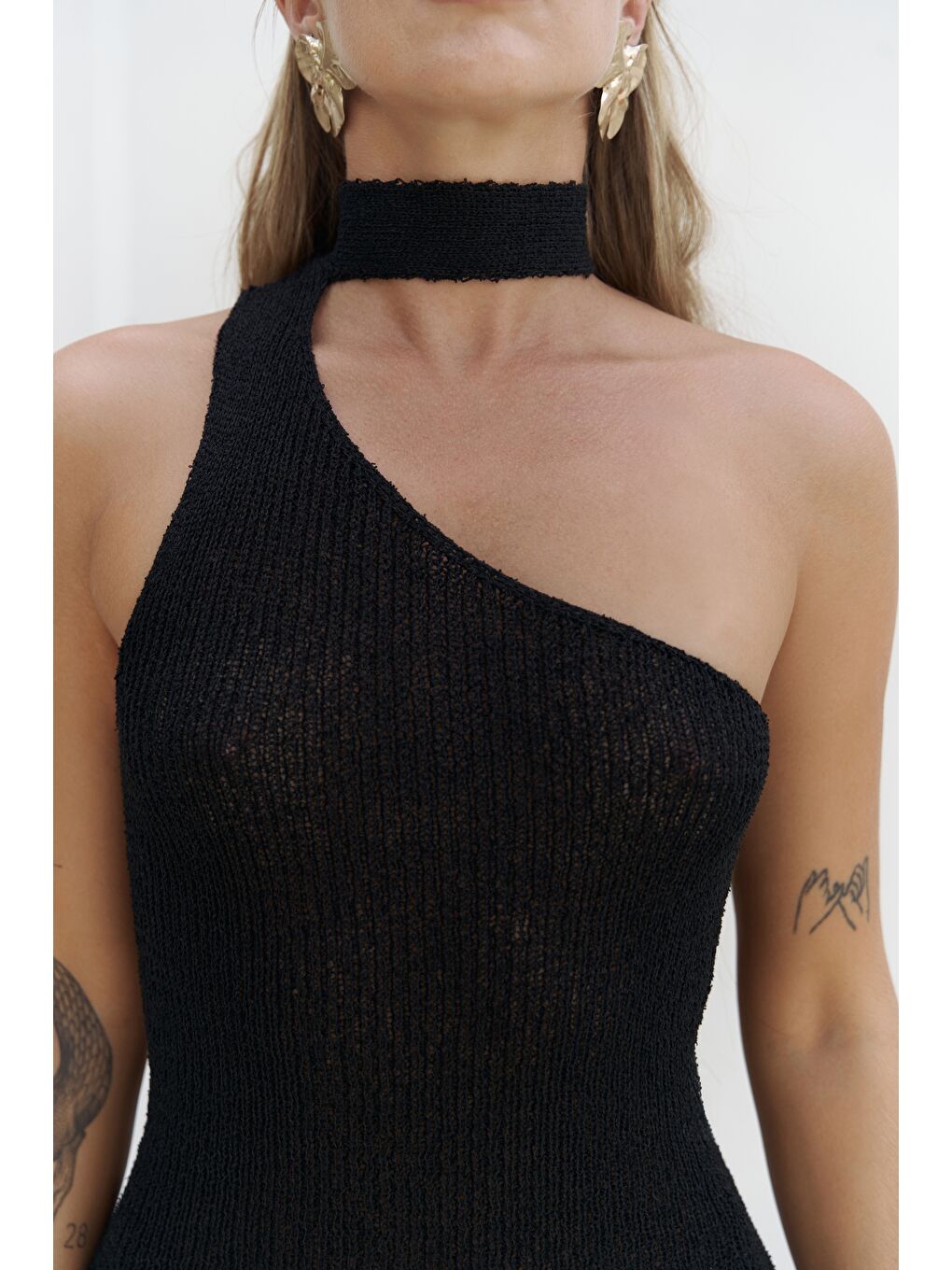 Budah Asimetrik Triko Siyah Mini Elbise-7