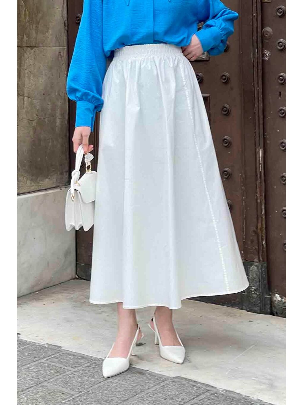 Cep Detaylı Kloş Keten Etek Beyaz-1