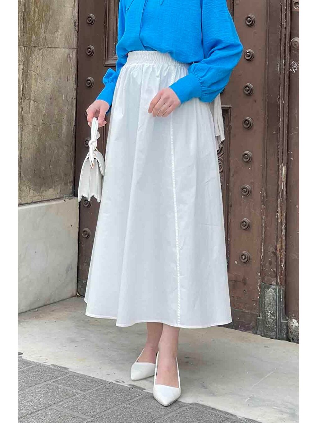 Cep Detaylı Kloş Keten Etek Beyaz-2
