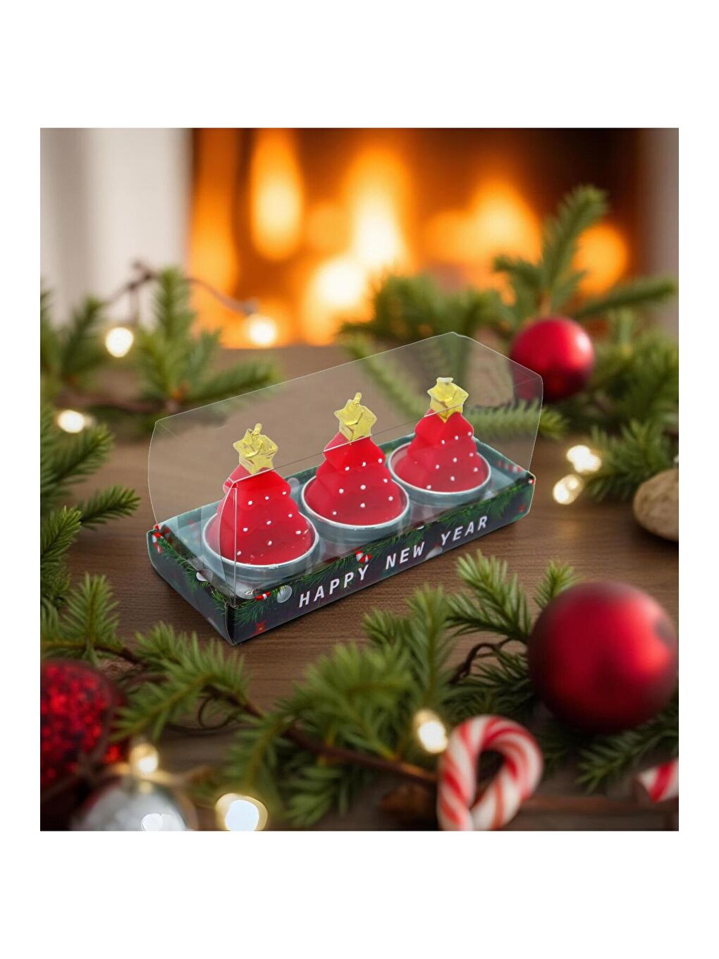 Kırmızı 3'lü Yılbaşı Temalı Dekoratif Mum Seti