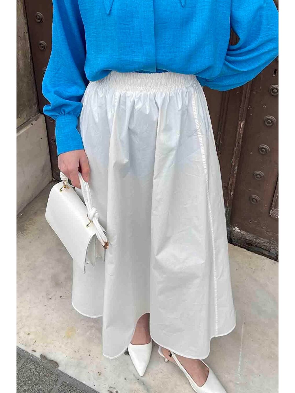 Cep Detaylı Kloş Keten Etek Beyaz-3