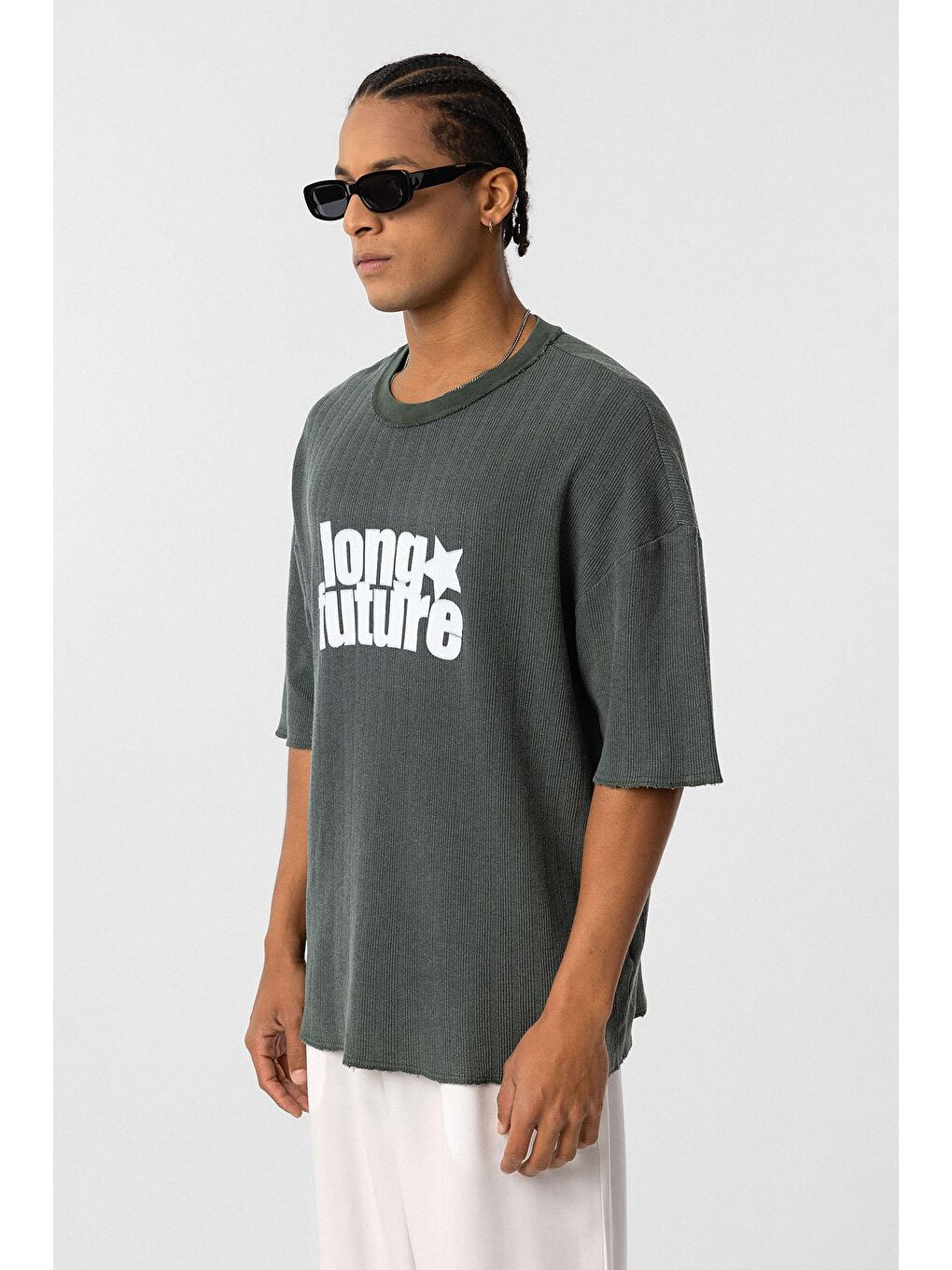 Yıkamalı Oversize Triko Tişört Yeşil-3