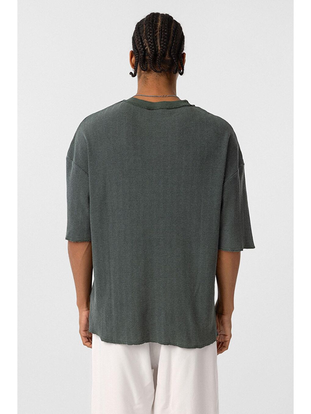 Yıkamalı Oversize Triko Tişört Yeşil-5