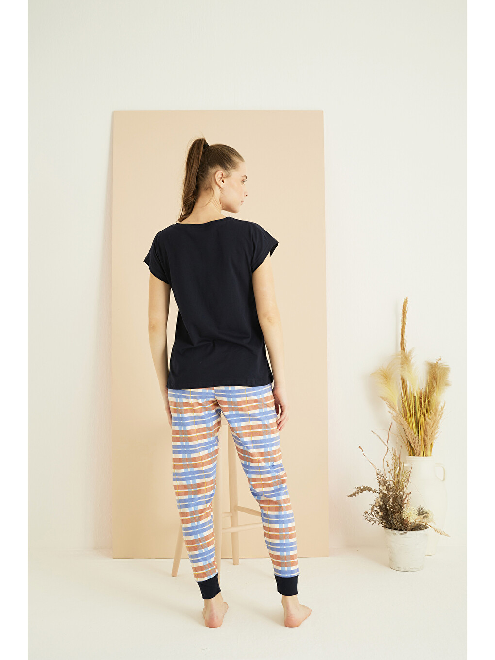 Lacivert Desenli Pamuklu Bisiklet Yaka Örme Pijama Takım25107135-3
