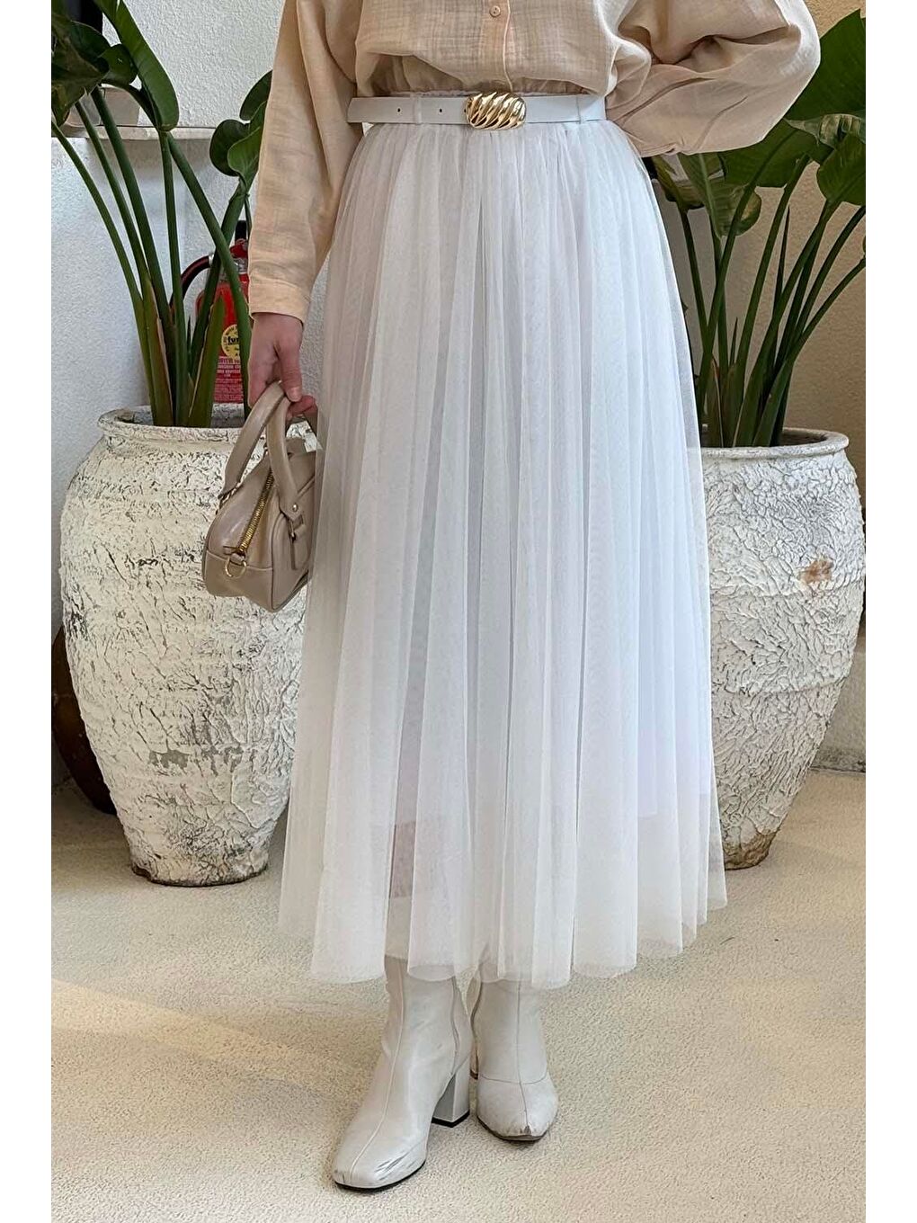 Pileli Kemerli Tül Etek Beyaz