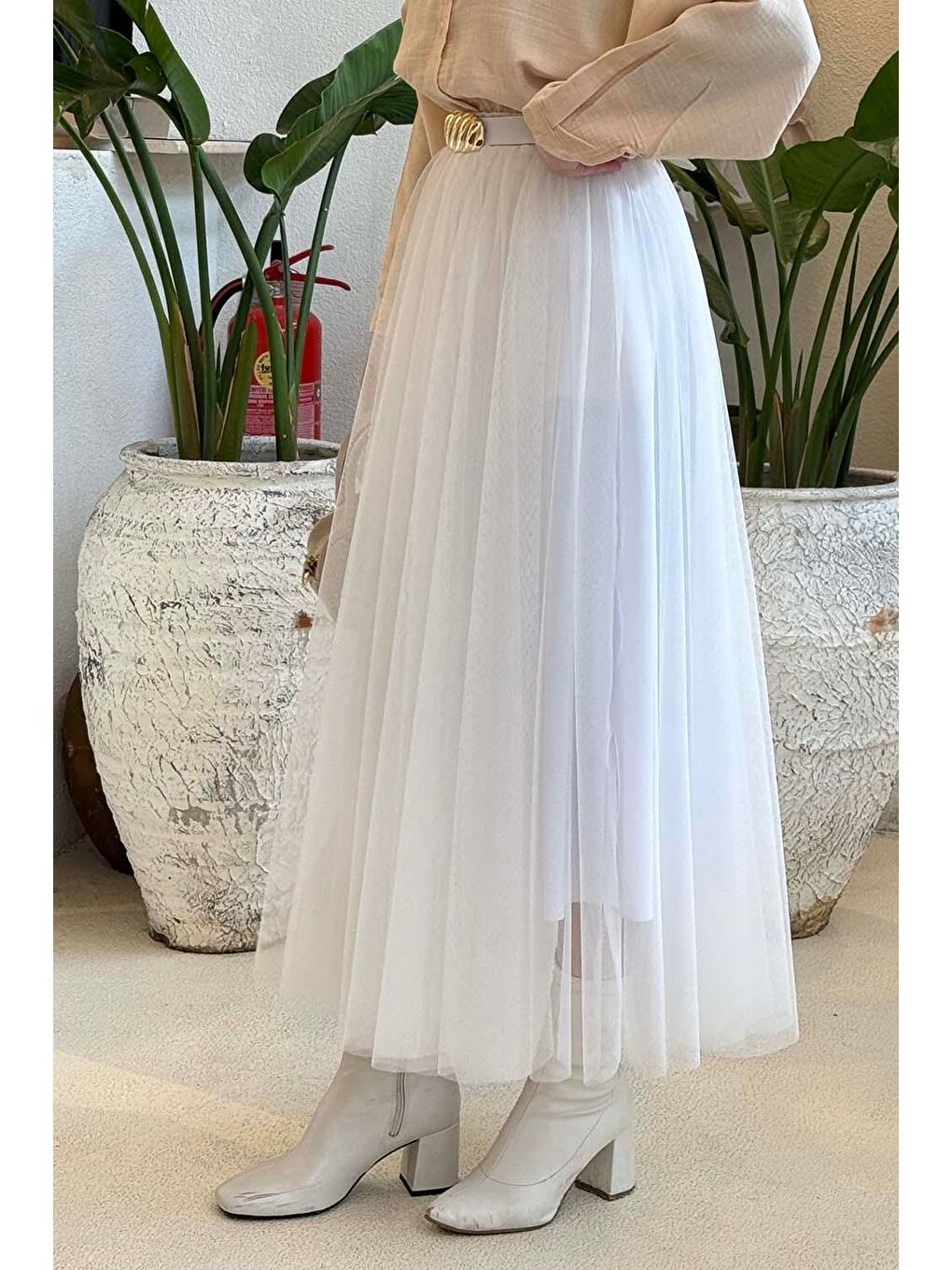 Pileli Kemerli Tül Etek Beyaz-1