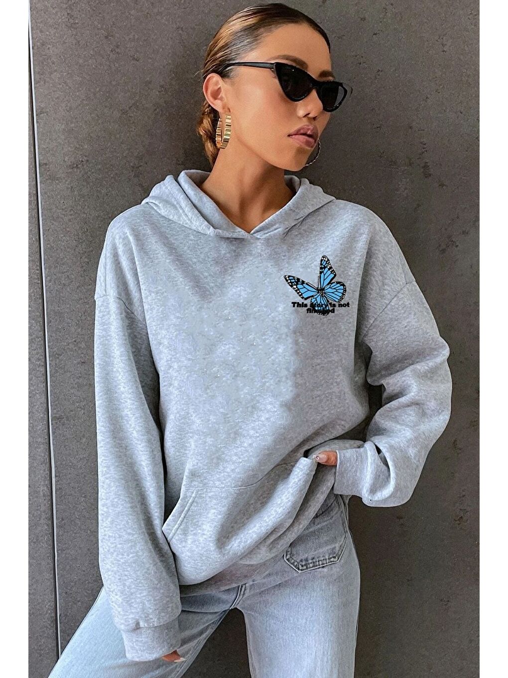 uyguntarz Gri Unisex Kelebek Sırt Baskılı Sweatshirt - 1