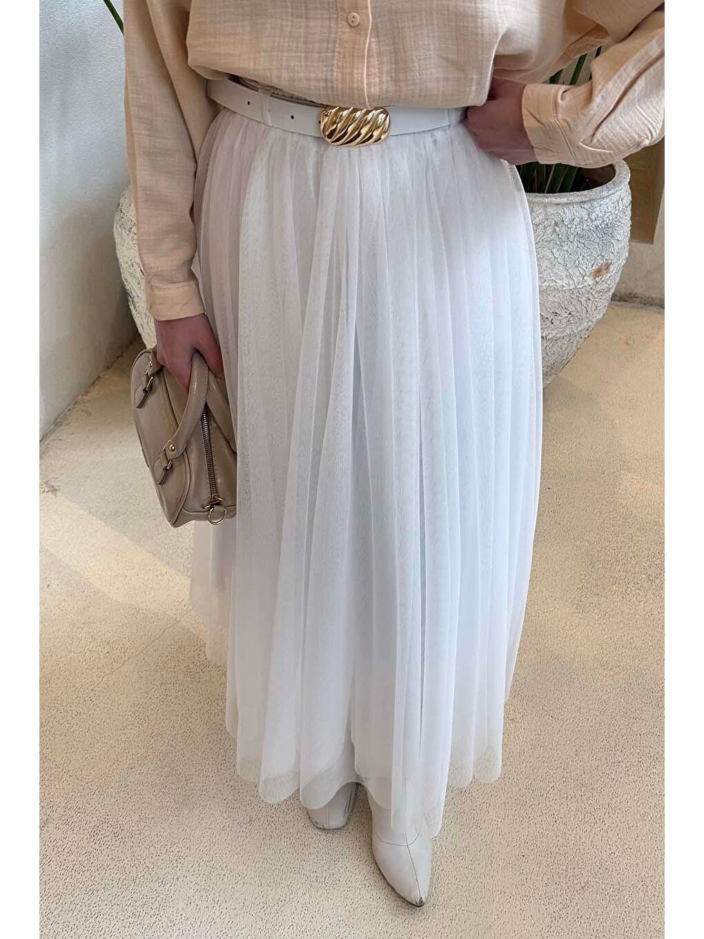 Pileli Kemerli Tül Etek Beyaz-2