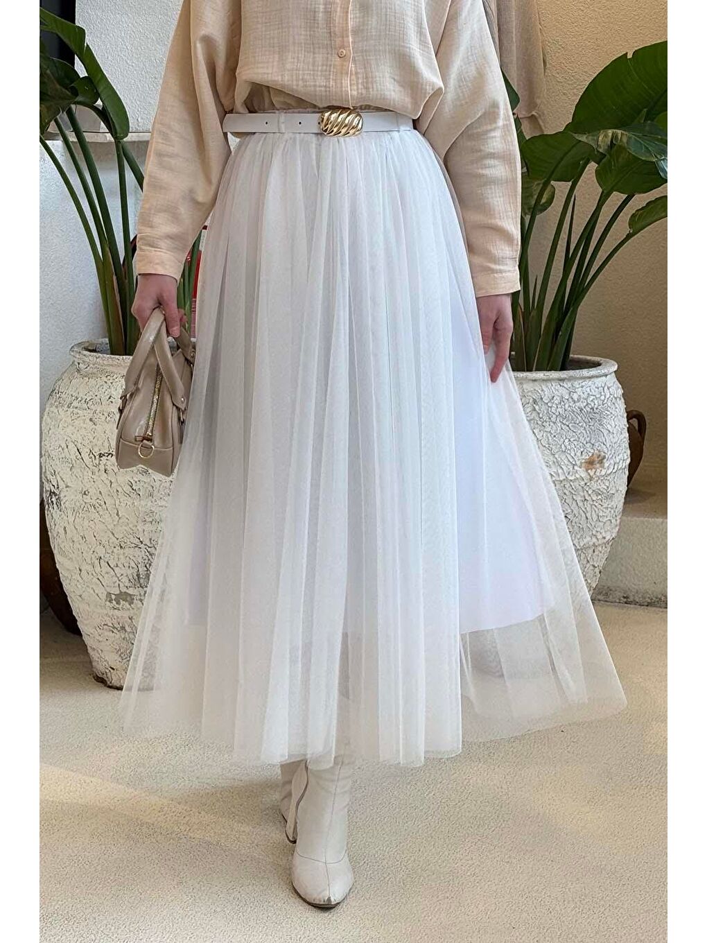 Pileli Kemerli Tül Etek Beyaz-3