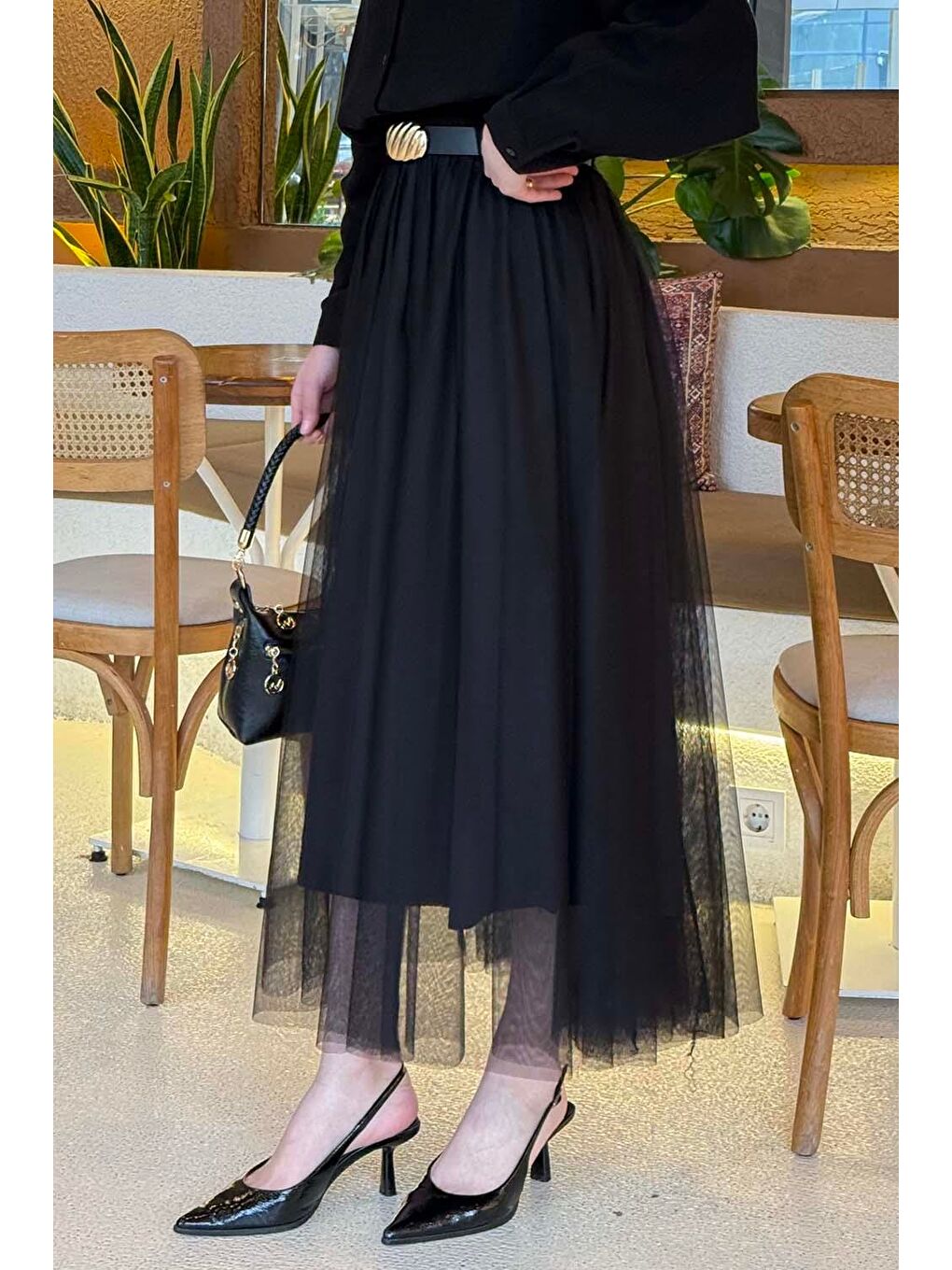 Pileli Kemerli Tül Etek Siyah-1