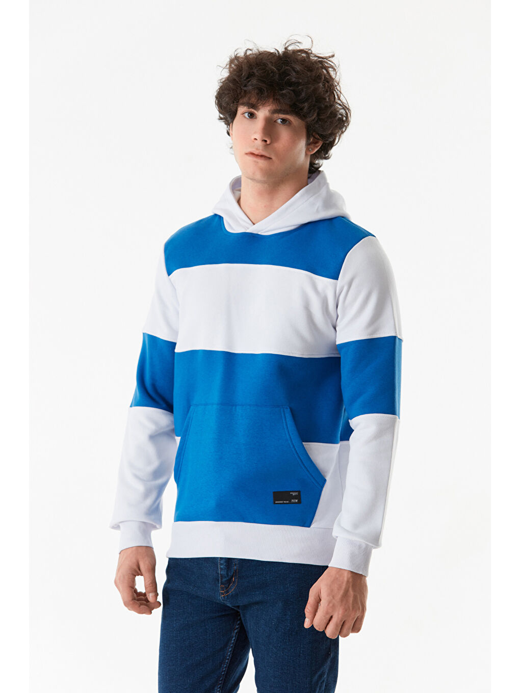 Fullamoda Saks Renk Bloklu Kanguru Cepli Kapüşonlu Sweatshirt - 3