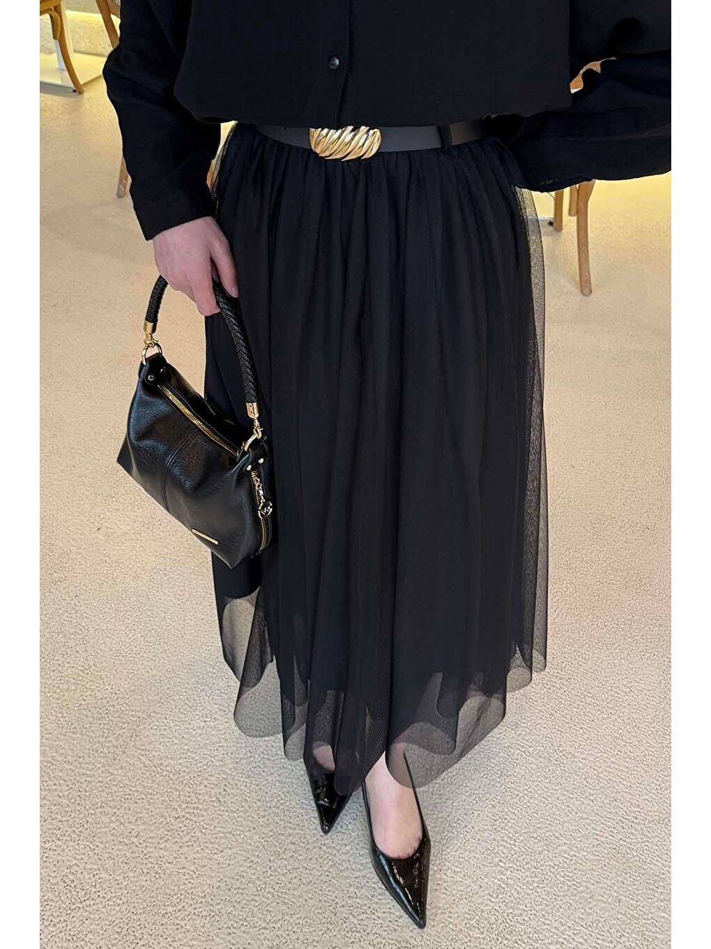 Pileli Kemerli Tül Etek Siyah-2