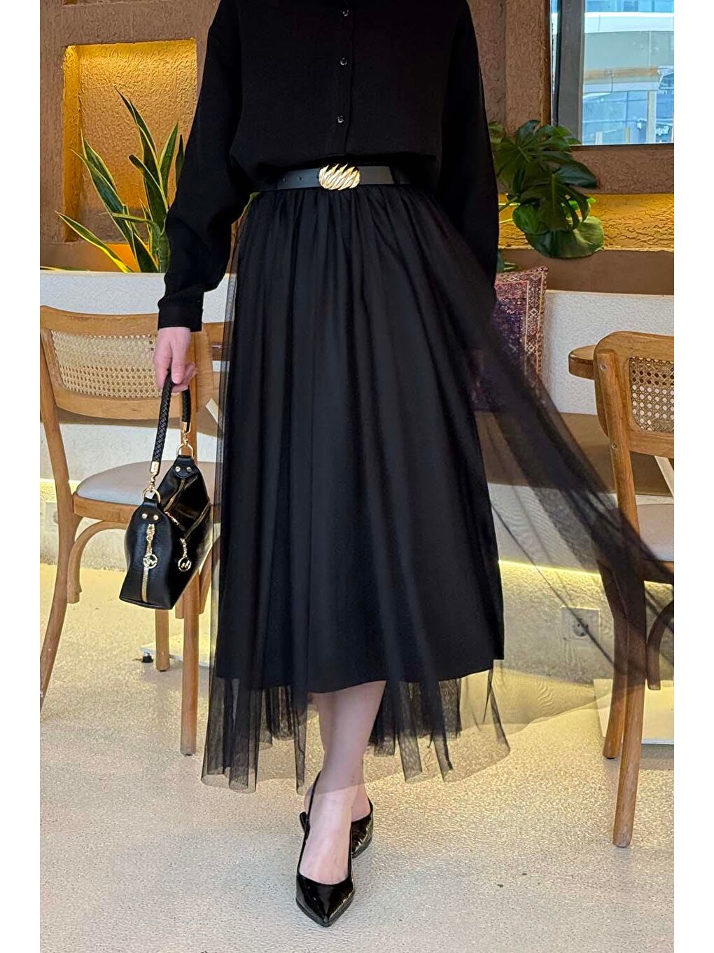 Pileli Kemerli Tül Etek Siyah-3
