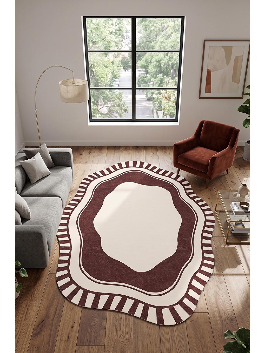 Bordo Modern Dekoratif Halı – Makinada Yıkanabilir, Kaymaz Taban, İnce Lazer Kesim Halı-2