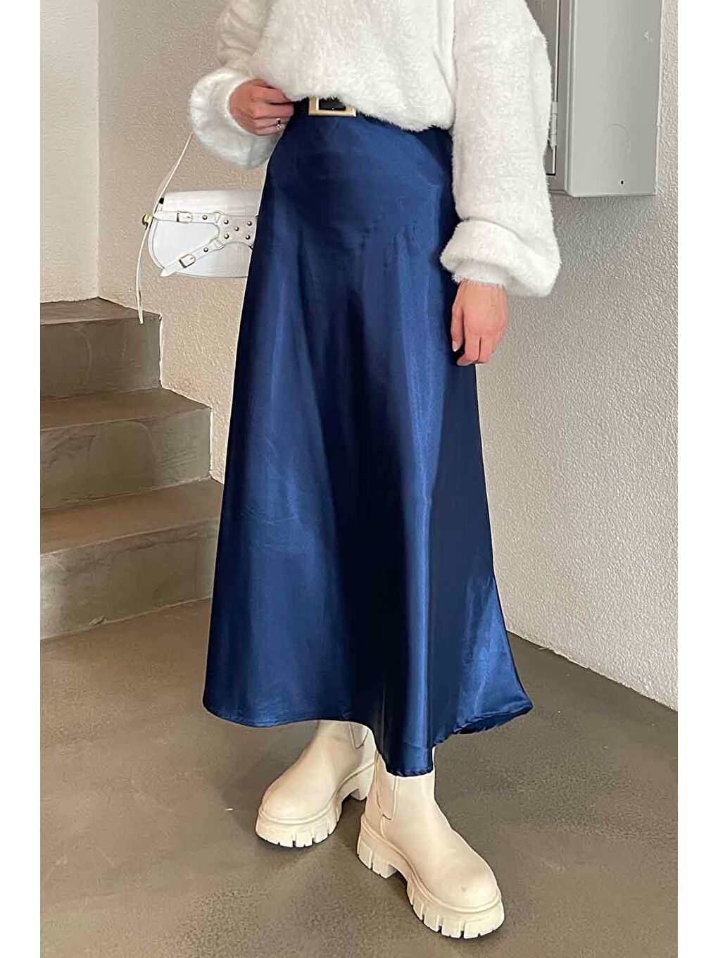 Düz Saten Çan Etek Saks Mavisi