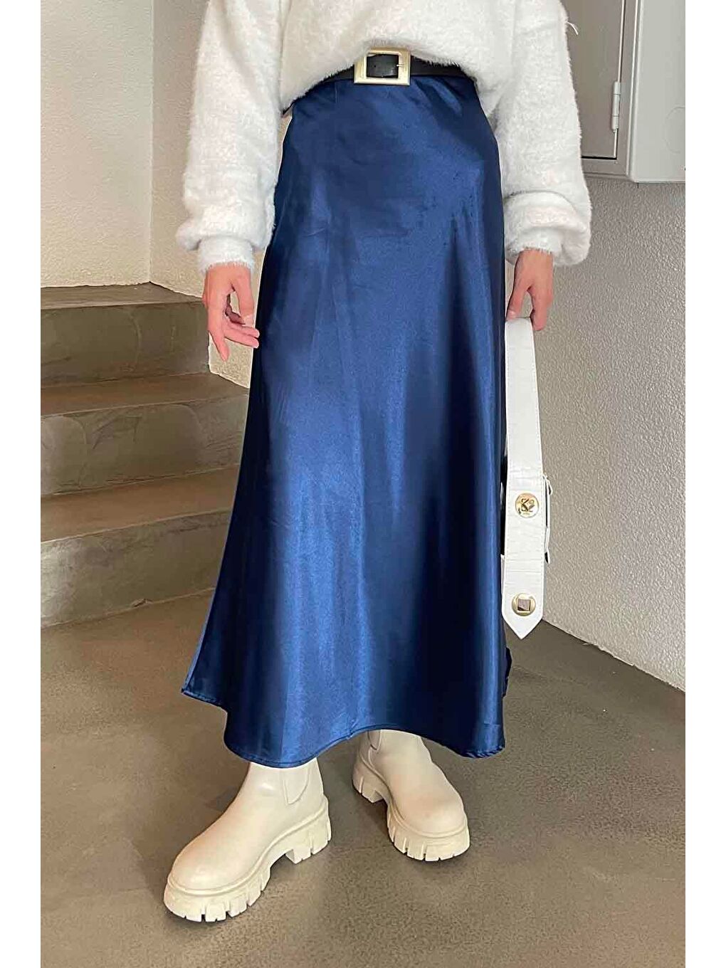 Düz Saten Çan Etek Saks Mavisi-2