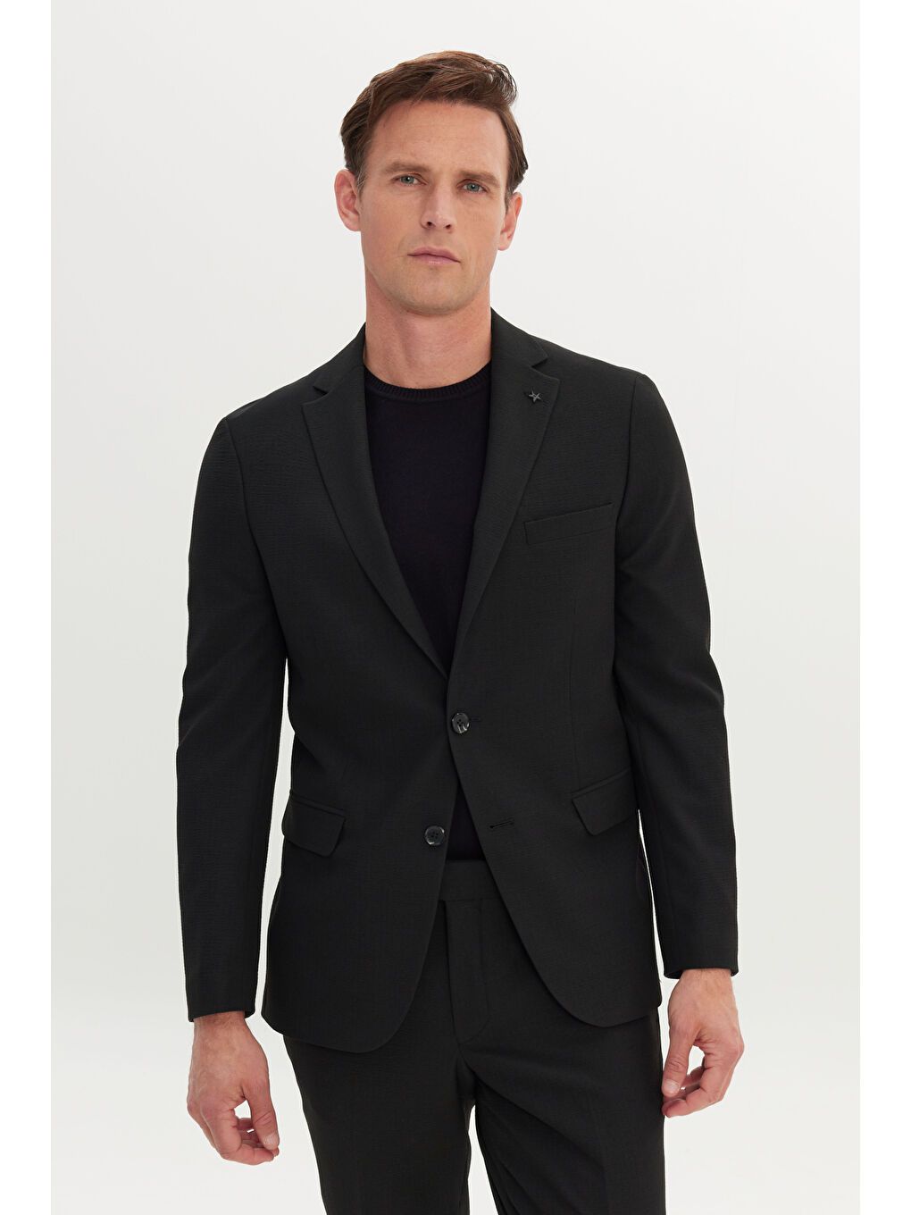 Erkek Siyah Slim Fit Dar Kesim Mono Yaka Gofre Desenli Takım Elbise-1