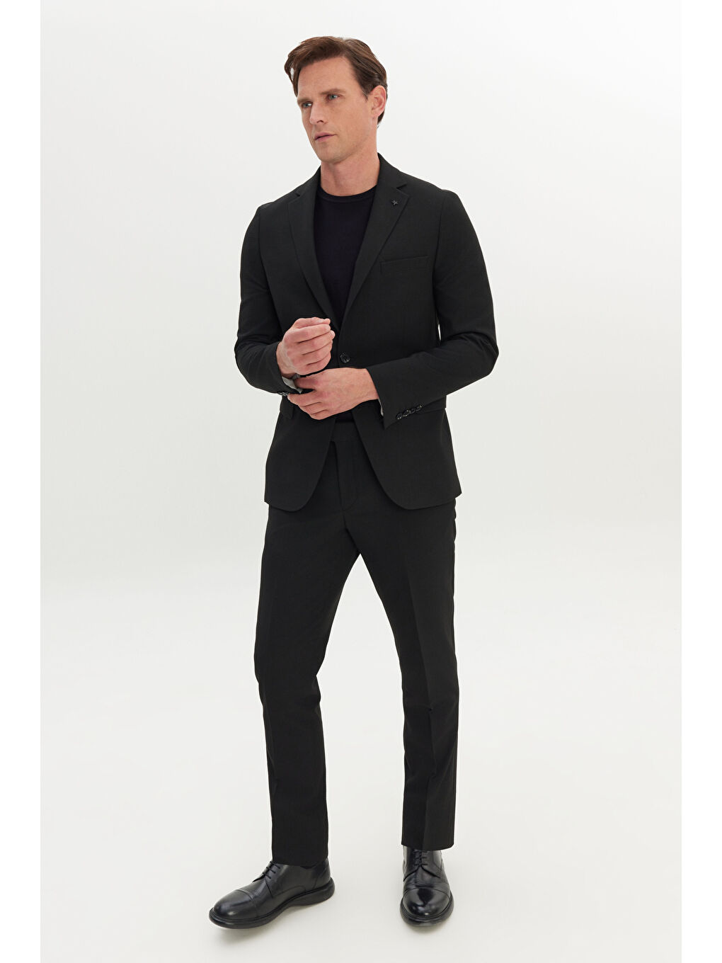 Erkek Siyah Slim Fit Dar Kesim Mono Yaka Gofre Desenli Takım Elbise-2