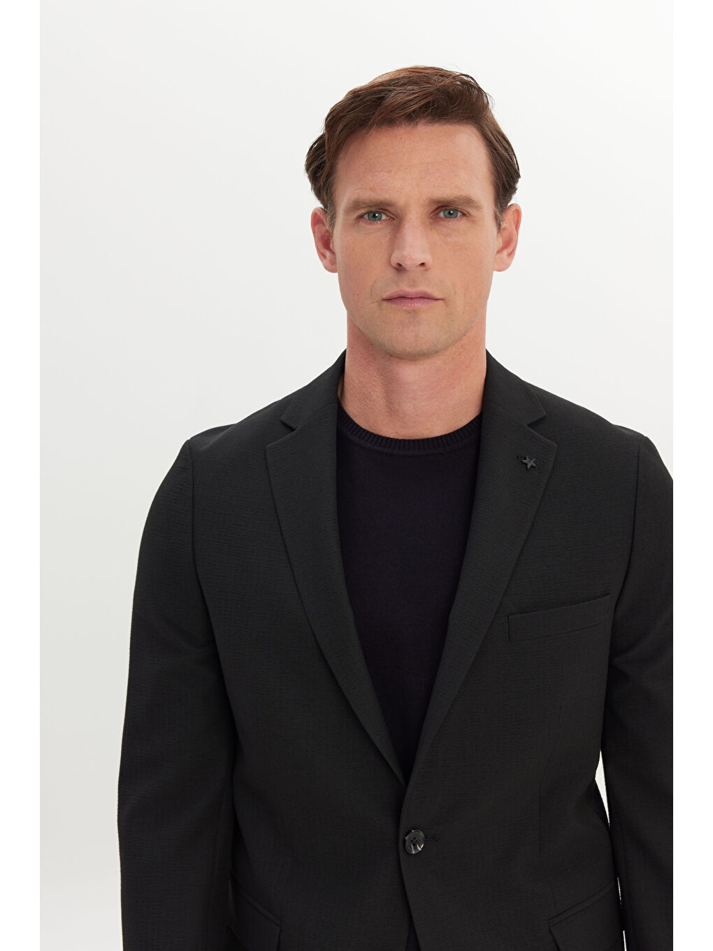 Erkek Siyah Slim Fit Dar Kesim Mono Yaka Gofre Desenli Takım Elbise-3