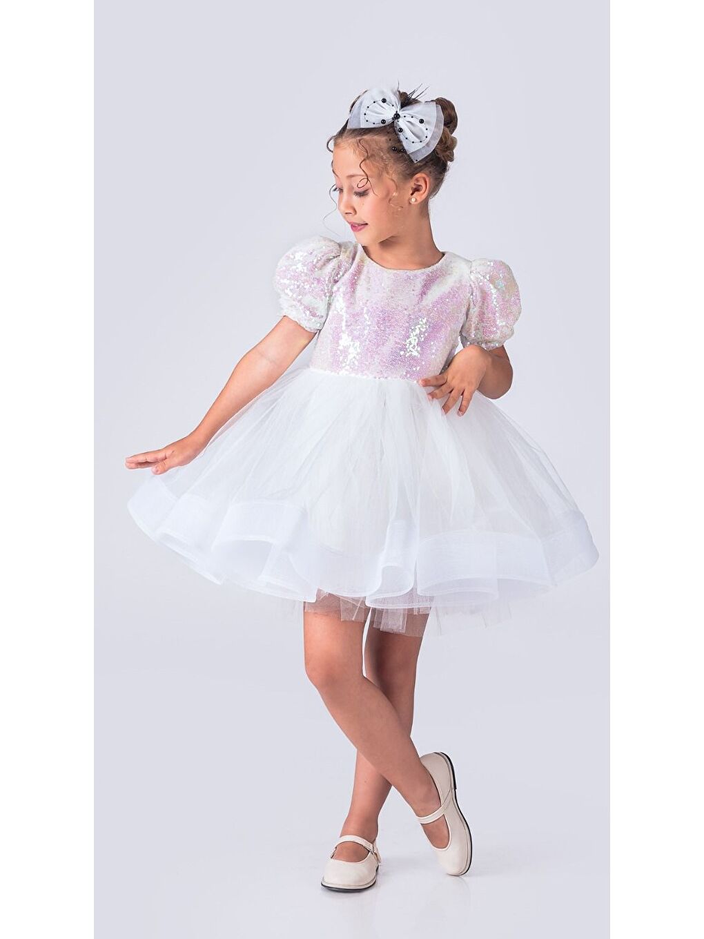 Beyaz Tütü Gren Etekli Kız Çocuk Pul Payetli Kısa Kol Kikidi Elbise MNK0601-4