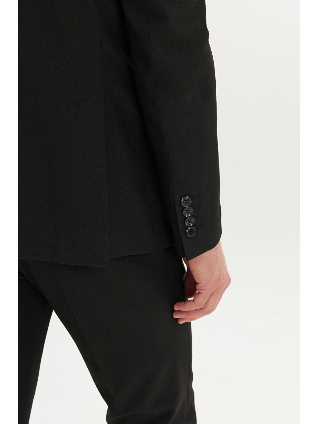 Erkek Siyah Slim Fit Dar Kesim Mono Yaka Gofre Desenli Takım Elbise-5