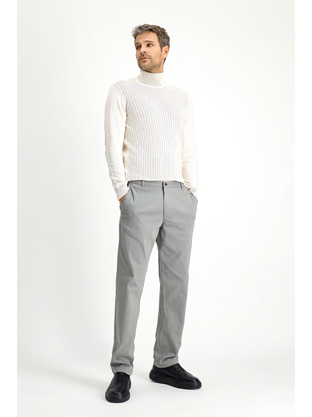 Gri Regular Fit Desenli Elastanlı Kanvas / Chino Pantolon