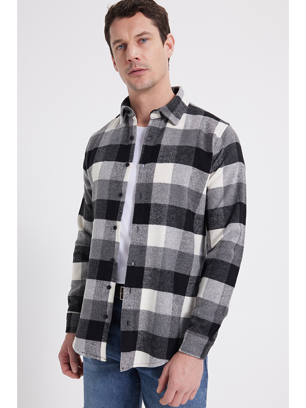 Gri Erkek Slim Fit Dar Kesim Kareli Kışlık Oduncu Gömlek