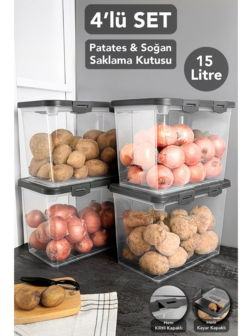 Renksiz 4 Adet Saklama Kabı 15 l