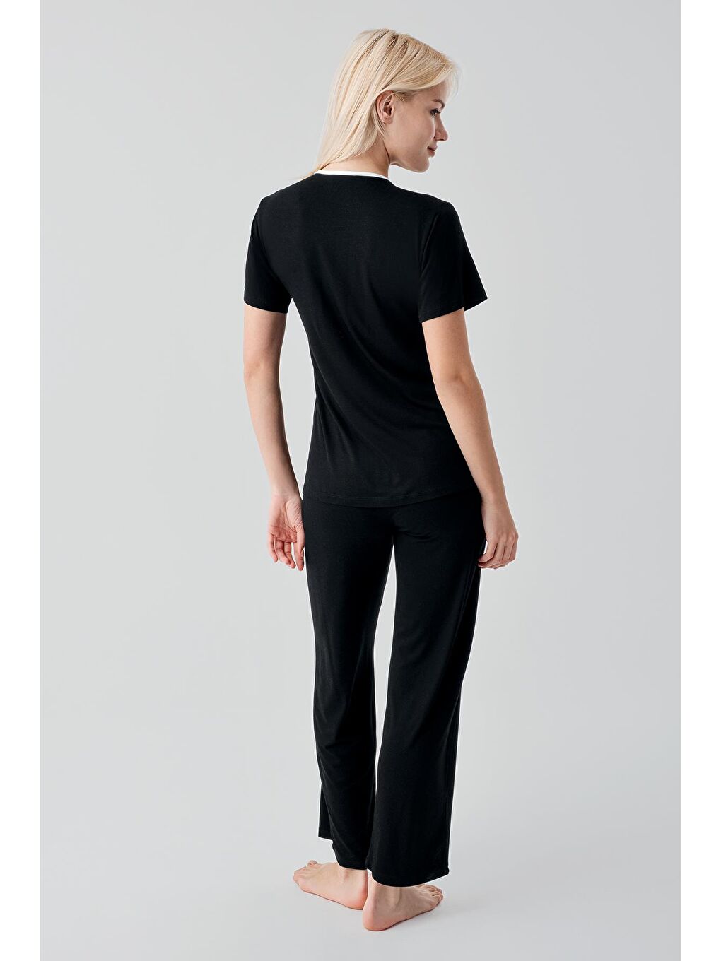 Siyah Kısa Kollu Emzirme Bölmeli Ayarlanabilir Bel Esnek Viskoz Hamile Pijama Takım 19217-2